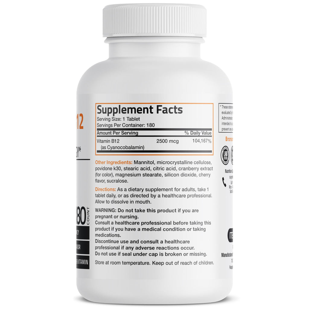 Vitamin B12 2500mcg Shot Of Energy Fast Dissolve Chewable Tablets - Quick Release Cherry Flavored Sublingual B12 Vitamin - Supports Nervous System, Healthy Brain Function Energy Production – 180 Count