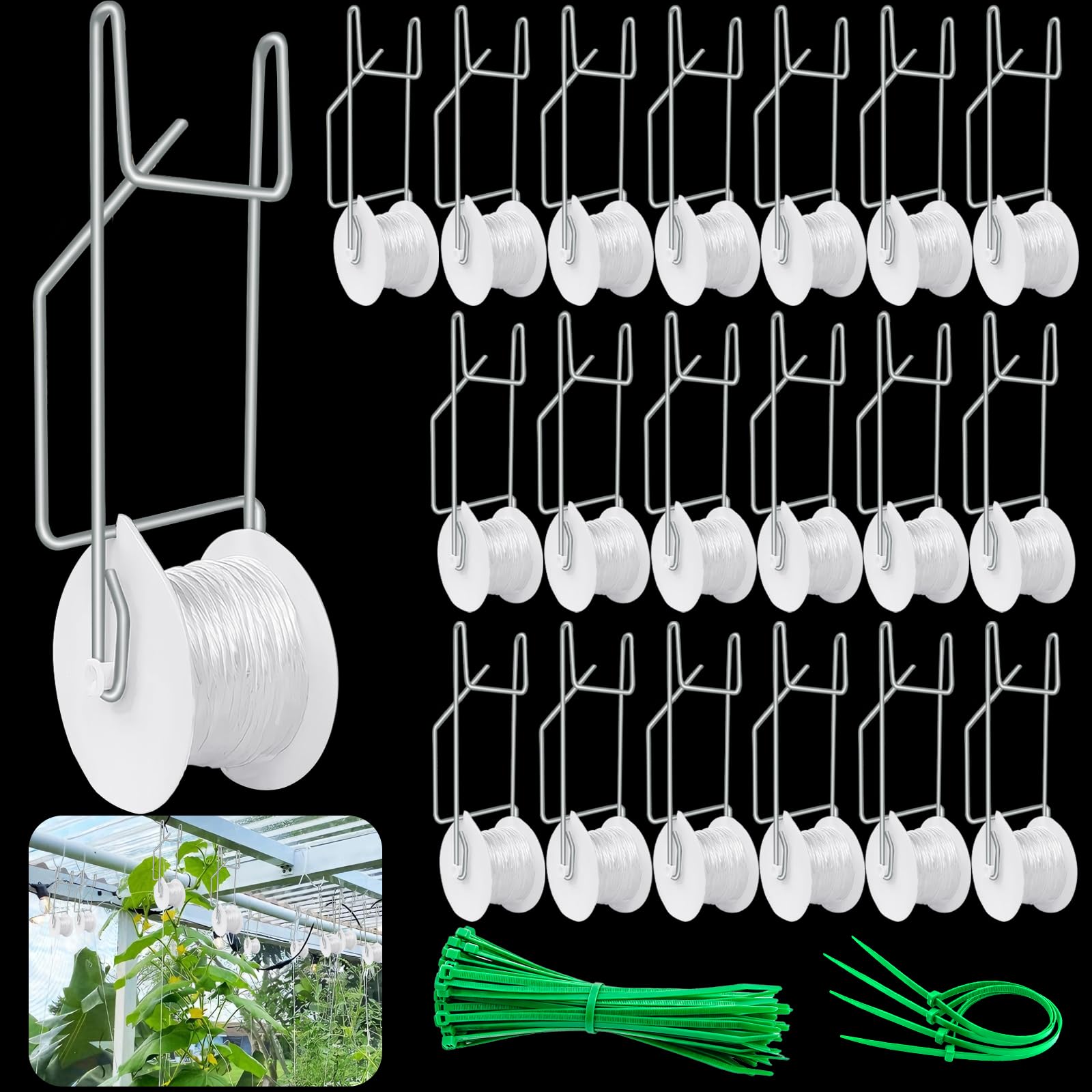 Paradi star 20Pack Tomato Trellis Roller Hooks,Greenhouse Trellising Kit with 100Pcs String Zip Ties for Tomatoes,Vine Twine Crop,Vegetable,Flower