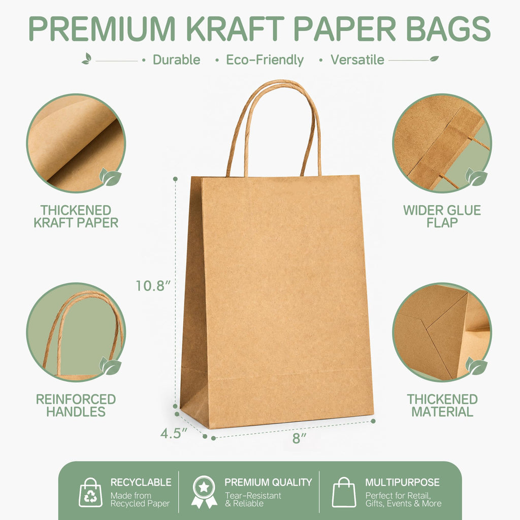 ECOEXTRA Brown Kraft Paper Bags 100 Pack 8x4.5x10.8 in Medium with Handles
