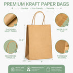 ECOEXTRA Brown Kraft Paper Bags 100 Pack 8x4.5x10.8 in Medium with Handles