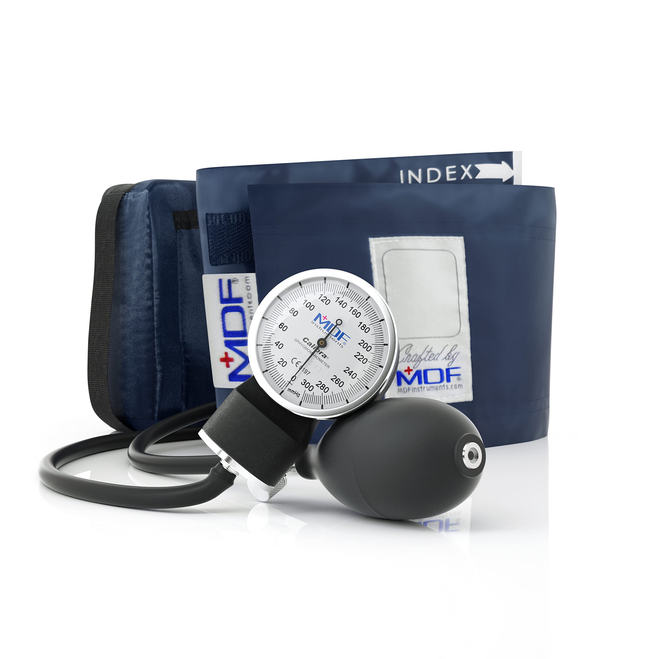 MDF Instruments, Calibra Aneroid Premium Professional Sphygmomanometer, Blood Pressure Monitor with Adult Cuff & Carrying Case, Lifetime Calibration, White Dial, Navy Blue Cuff, MDF808M04