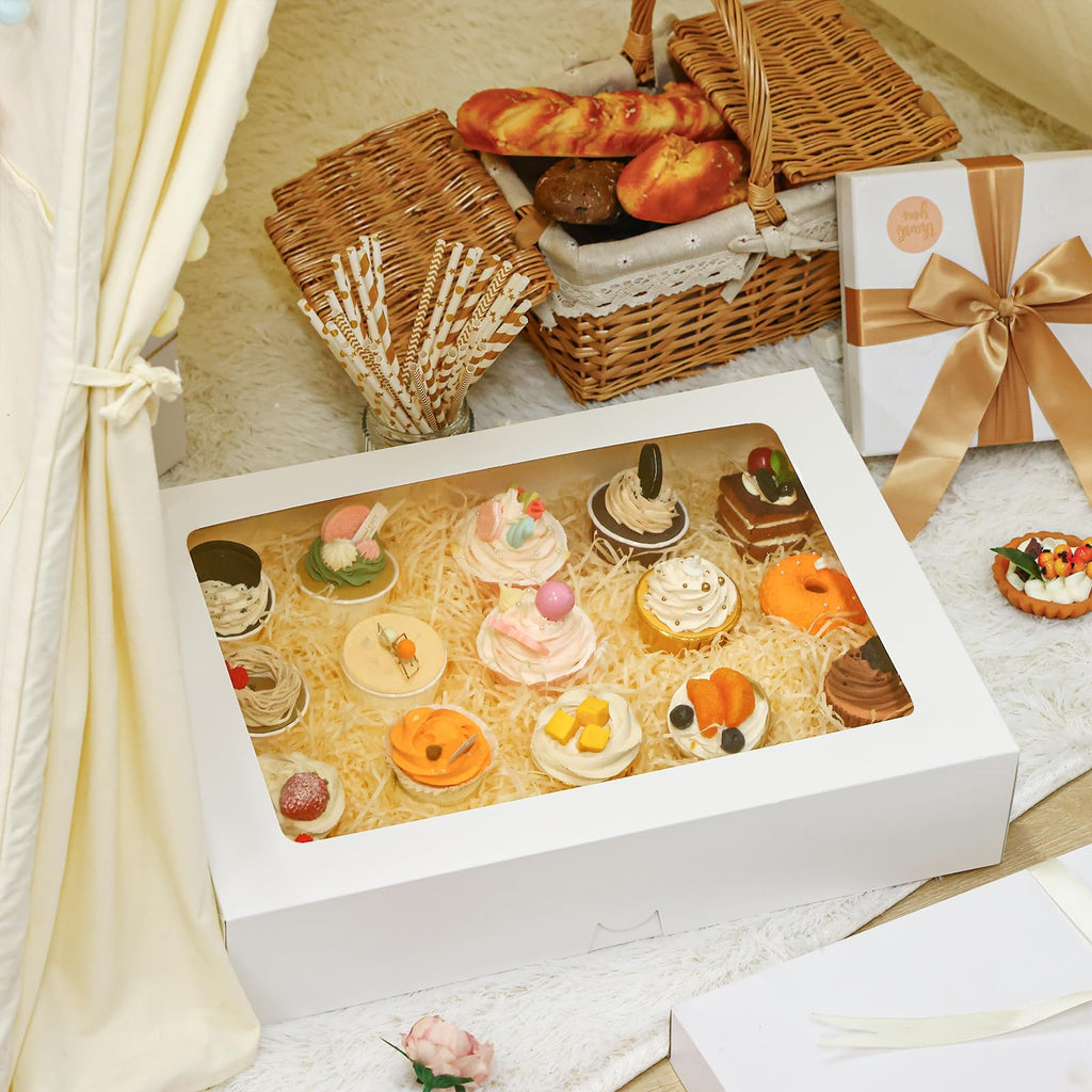 Moretoes 10pcs 19x14x4in Half Sheet Cake Boxes with Window, White Cookie Boxes, for Pastry Baking Cake Donuts Cupcake Pie Packaging For Graduation