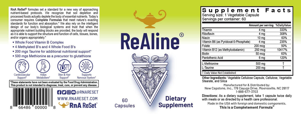 RnA ReSet ReAline – Methylated B Complex with Taurine & Methionine, Active B Vitamins, Detox & Methylation Support (60 Capsules) NSF Certified