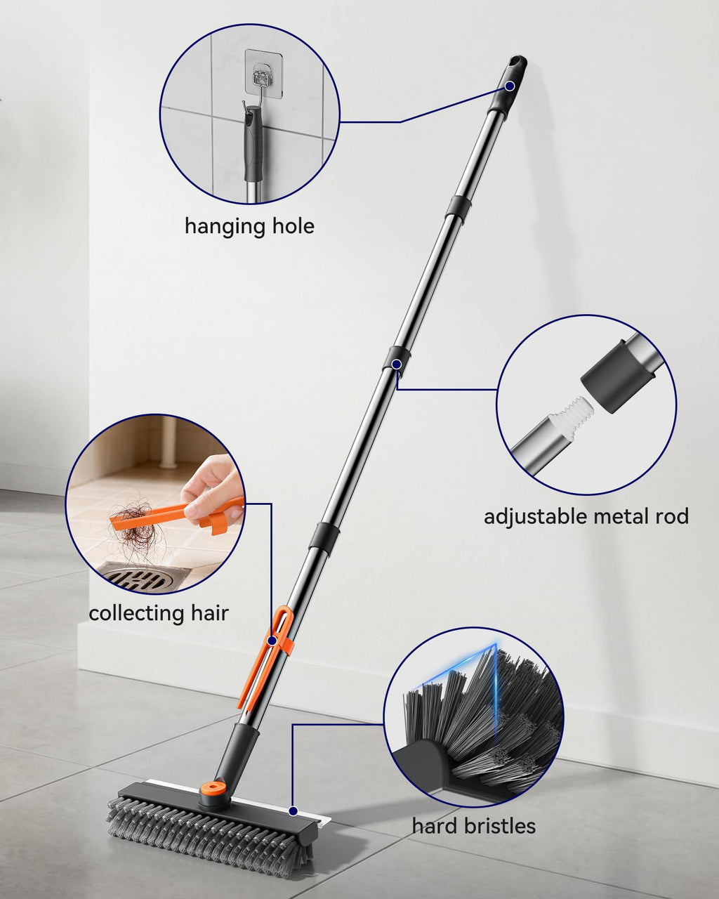 HelpX Small Floor Scrub Brush with Length Adjustable Long Handle, 3 in 1 Heavy-Duty Stiff Bristle Scrubber Brush with Squeegee and Tweezer for Cleaning Bathroom, Tile, Deck, Patio, Garage and Kitchen