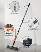HelpX Small Floor Scrub Brush with Length Adjustable Long Handle, 3 in 1 Heavy-Duty Stiff Bristle Scrubber Brush with Squeegee and Tweezer for Cleaning Bathroom, Tile, Deck, Patio, Garage and Kitchen