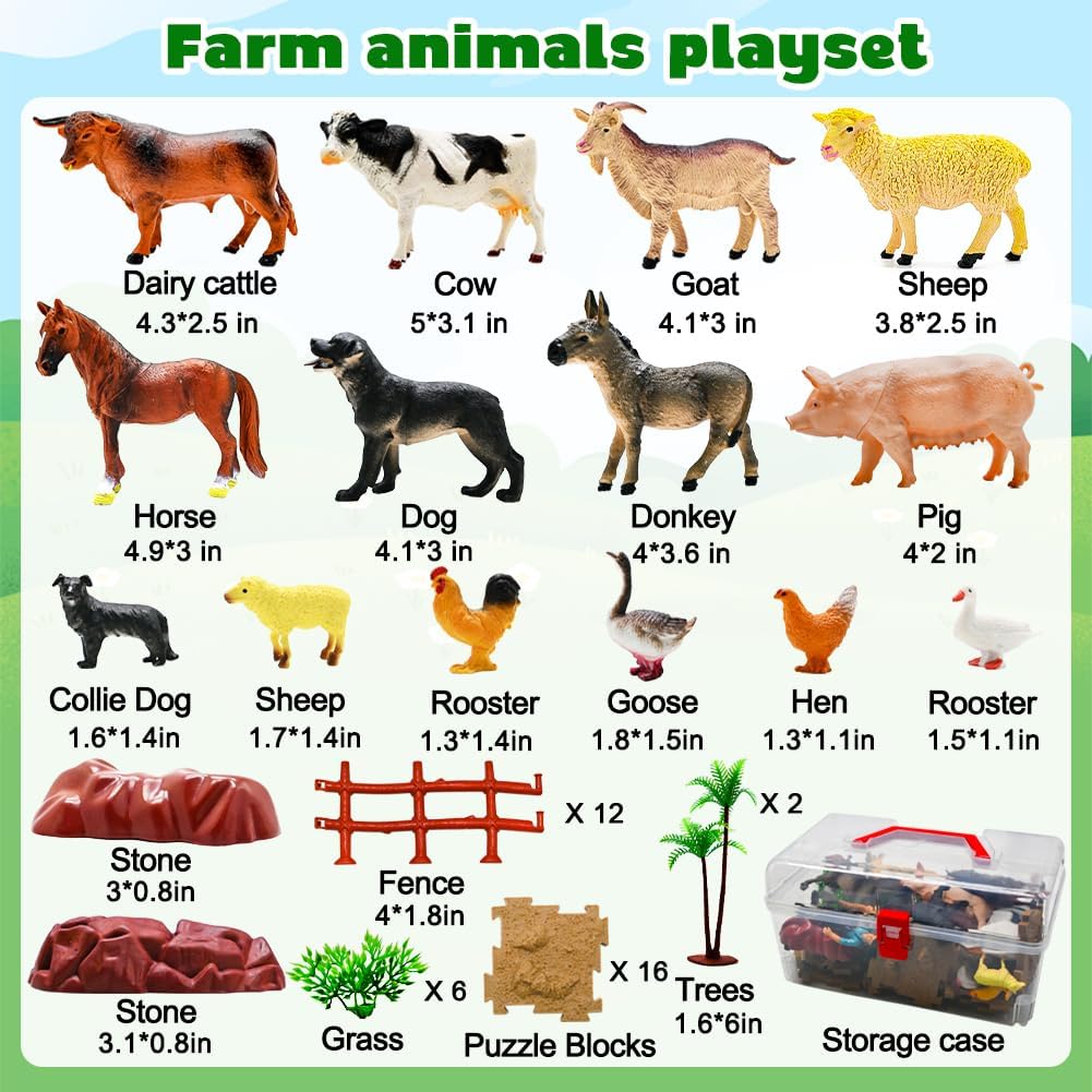53-Piece Farm Animal Figures Toy with Fence & Building Blocks for Toddlers