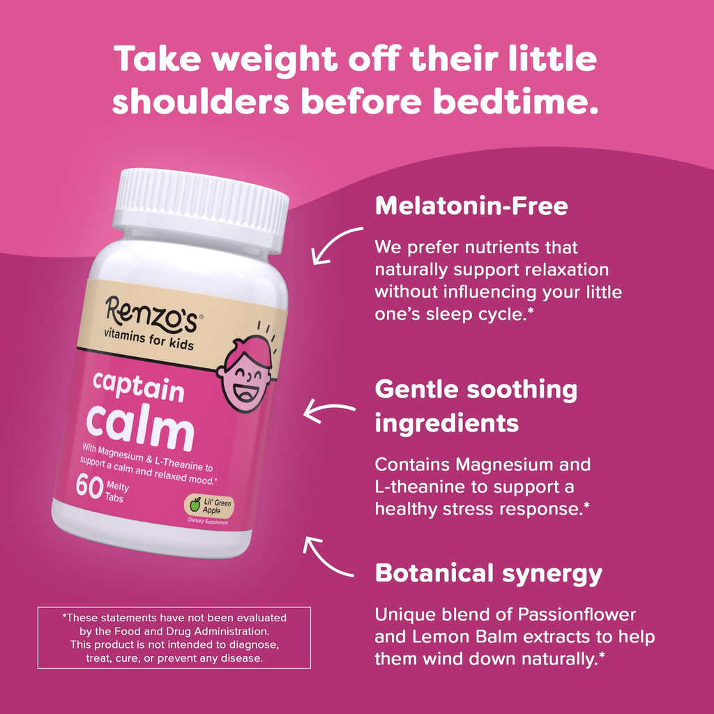 Renzo's Captain Calm, Kids Magnesium Supplement with L-theanine, Dissolvable Kids Vitamins for Relaxation and Mood Support, Sugar-Free Calming Supplement, 60 Green Apple Flavored Melty Tabs