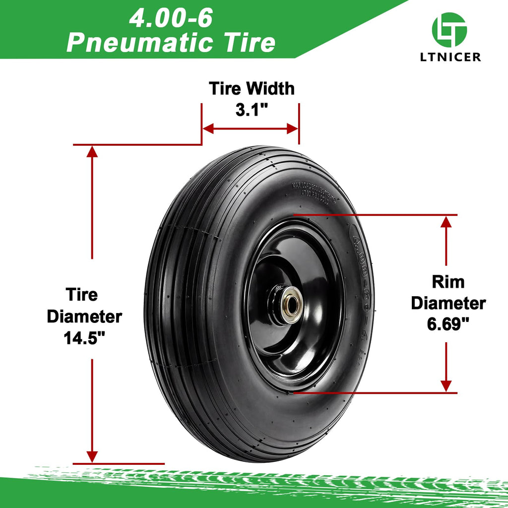 LTNICER (2-Pack) 4.00-6 Wheelbarrow Tires and Wheels, 13" Pneumatic Tire with 5/8" or 3/4" Bearings, Heavy Duty Replacement Wheel for Wheelbarrow, Garden Cart, Hand Truck