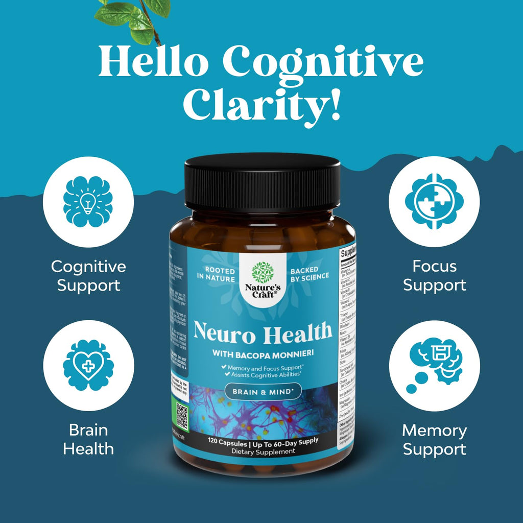 Nootropic Brain Supplement for Memory and Focus Support - Vitamins for Mental Support & Clarity with Bacopa Monnieri, VIT A, B6, Riboflavin, Niacin, Thiamin & Folate - Cognitive Complex - 120 Ct