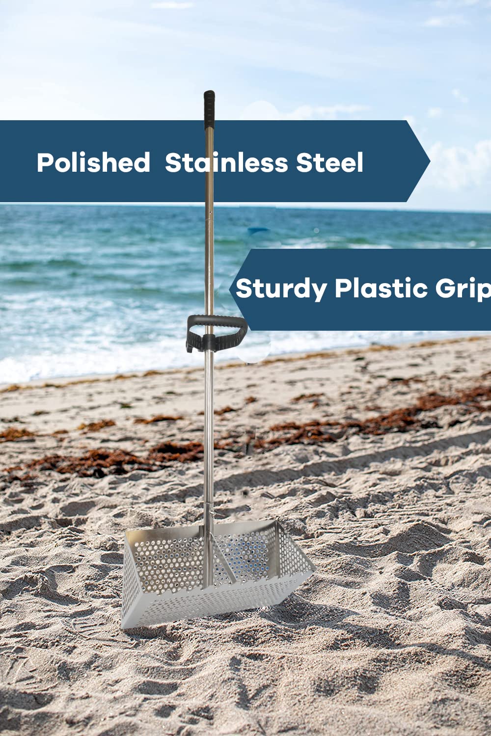 Sand Flea Rake, 47" Detachable Stainless Steel Beach Sifter & Bucket