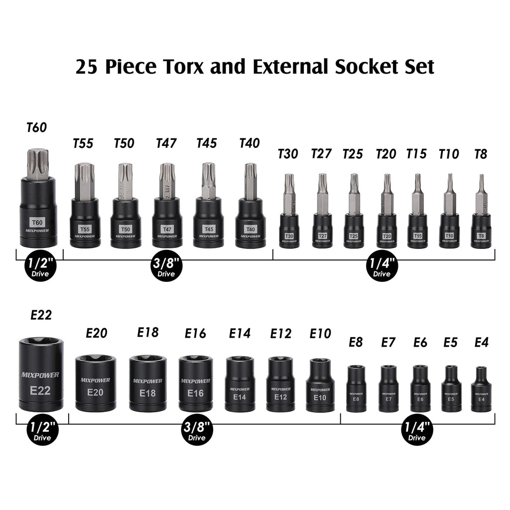 MIXPOWER 25 Piece Torx Bit and Socket Set, 13 Star Bits (T8- T60) & 12 E-Torx Sockets (E4-E22), Professional Grade Auto & Motorcycle Mechanic Set