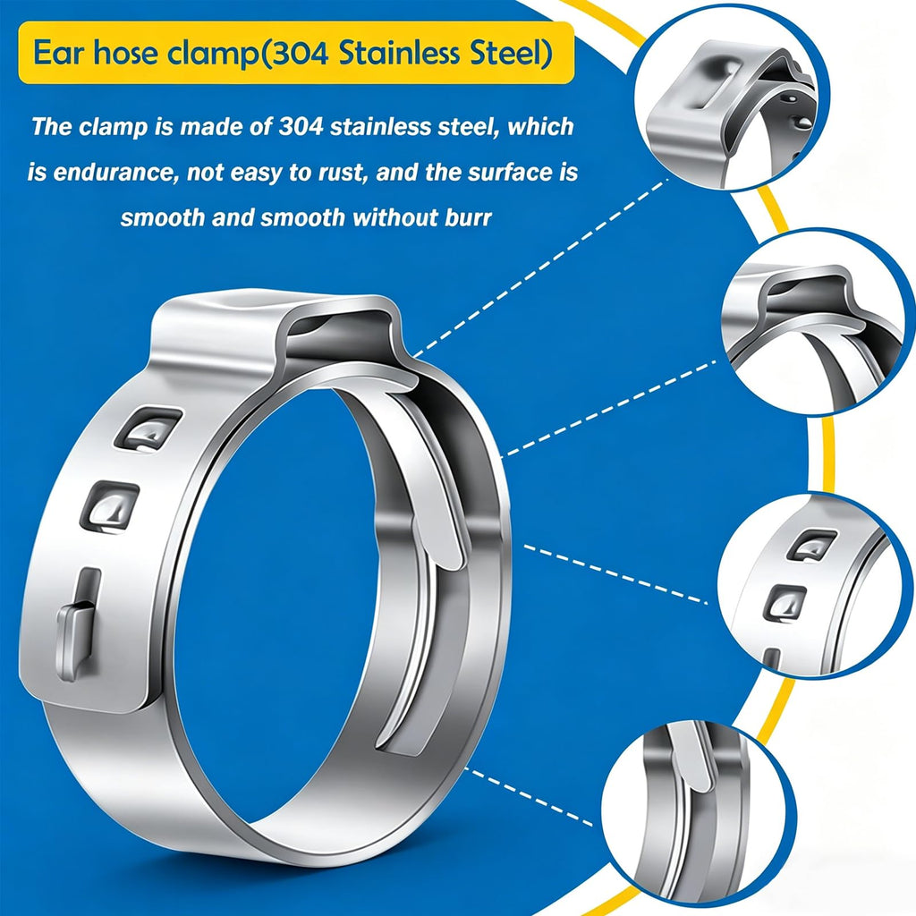 Seept 170Pcs 13 Sizes 304 Stainless Steel Single Ear Hose Clamps 5.3-31.6mm Crimp Hose Clamps Assortment Kit Perfect for Automotive/Home Appliance/Water Pipe and Fuel Line