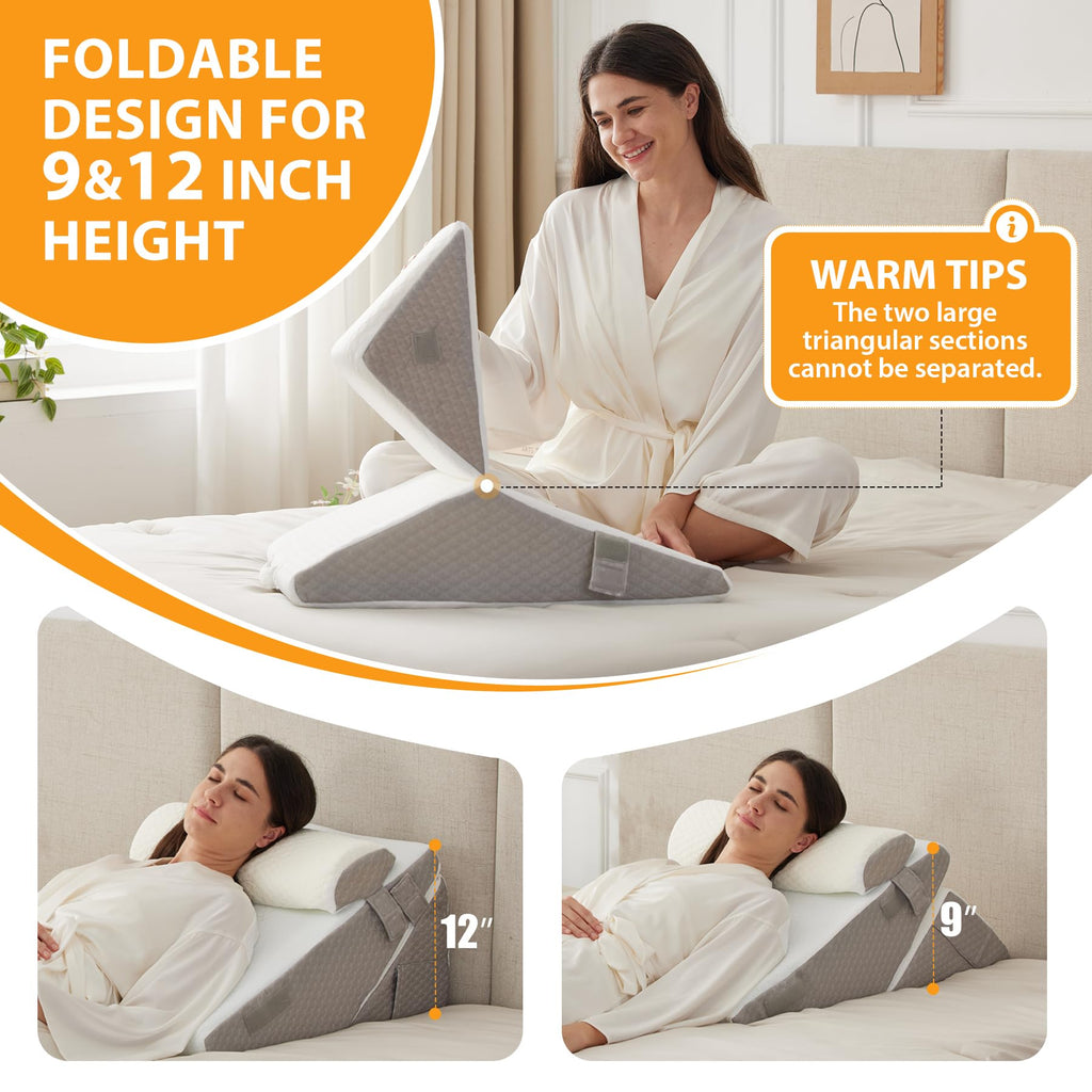 Ruqmuis 3PCS Wedge Pillow Set for After Surgery, Adjustable 9&12 Inch Bed Wedge Pillow for Sleeping, Incline Pillow Wedge for Headboard, Post Surgery, Acid Reflux, Neck&Back Support, White/Grey