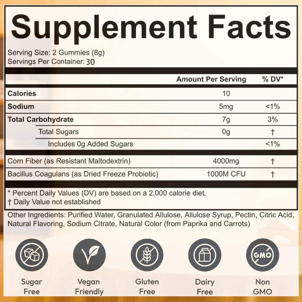 VCFBBG Clean Prebiotic Fiber Gummies for Men, Peach Flavor, Sugar-Free Pre+Probiotic Fiber Gummies, Gut Health & Digestive Support, Men's Prebiotics and Probiotics Gummy, 60 Count