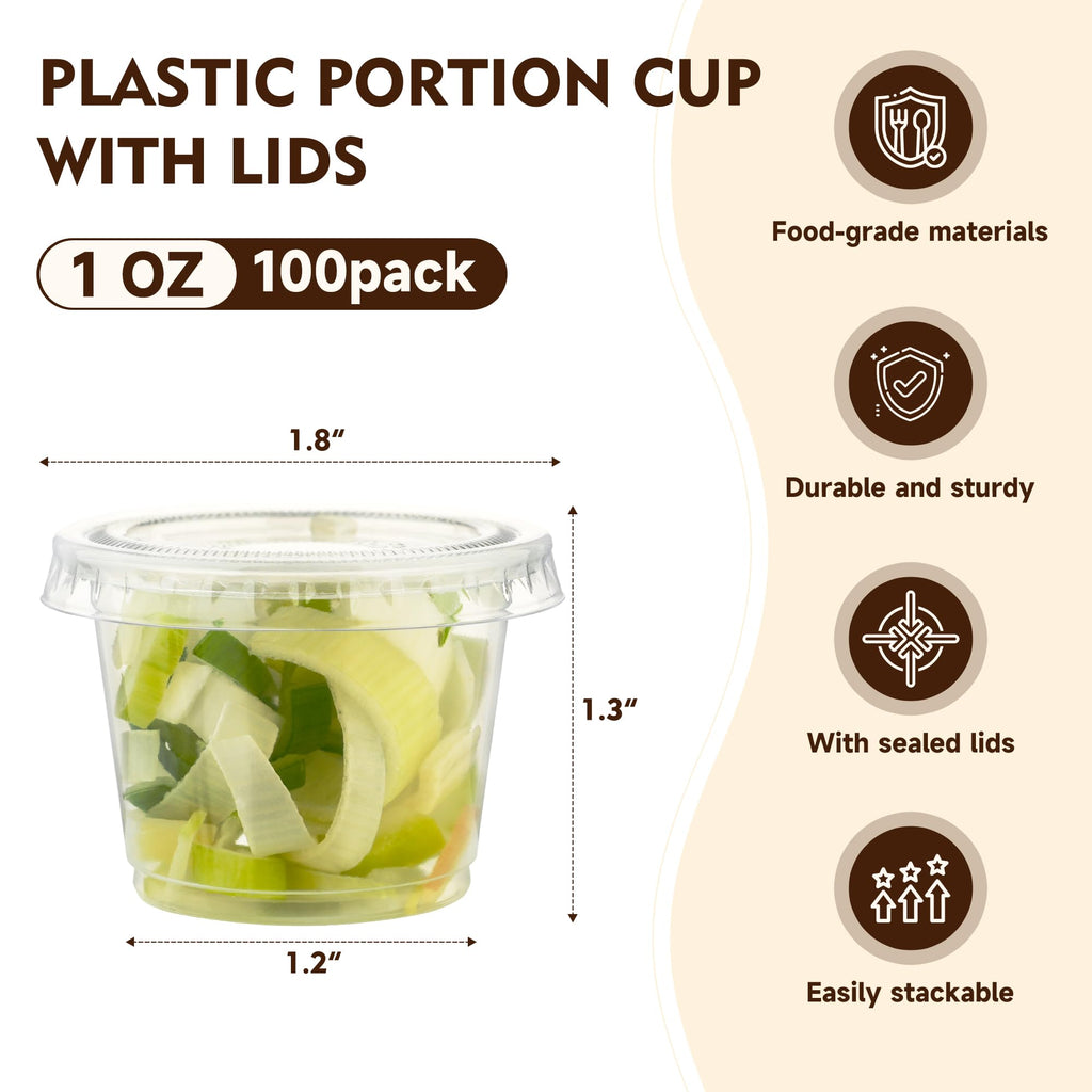 YEEHAW 100 Sets - 1 oz Jello Shot Cups with Lids, Portion Cups, Clear Disposable Plastic Jello Shot Cups for Meal Prep, Salad Dressing, Soufflé, Portion Containers