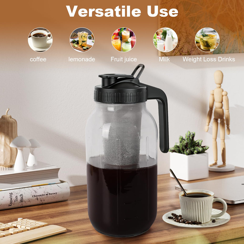 QHH Cold Brew Coffee Maker, 64 oz Mason Jar Pitcher with Stainless Steel Filter, Pour Spout Handle Lid, Airtight & Leak-Proof for Iced Coffee,Tea & Lemonade