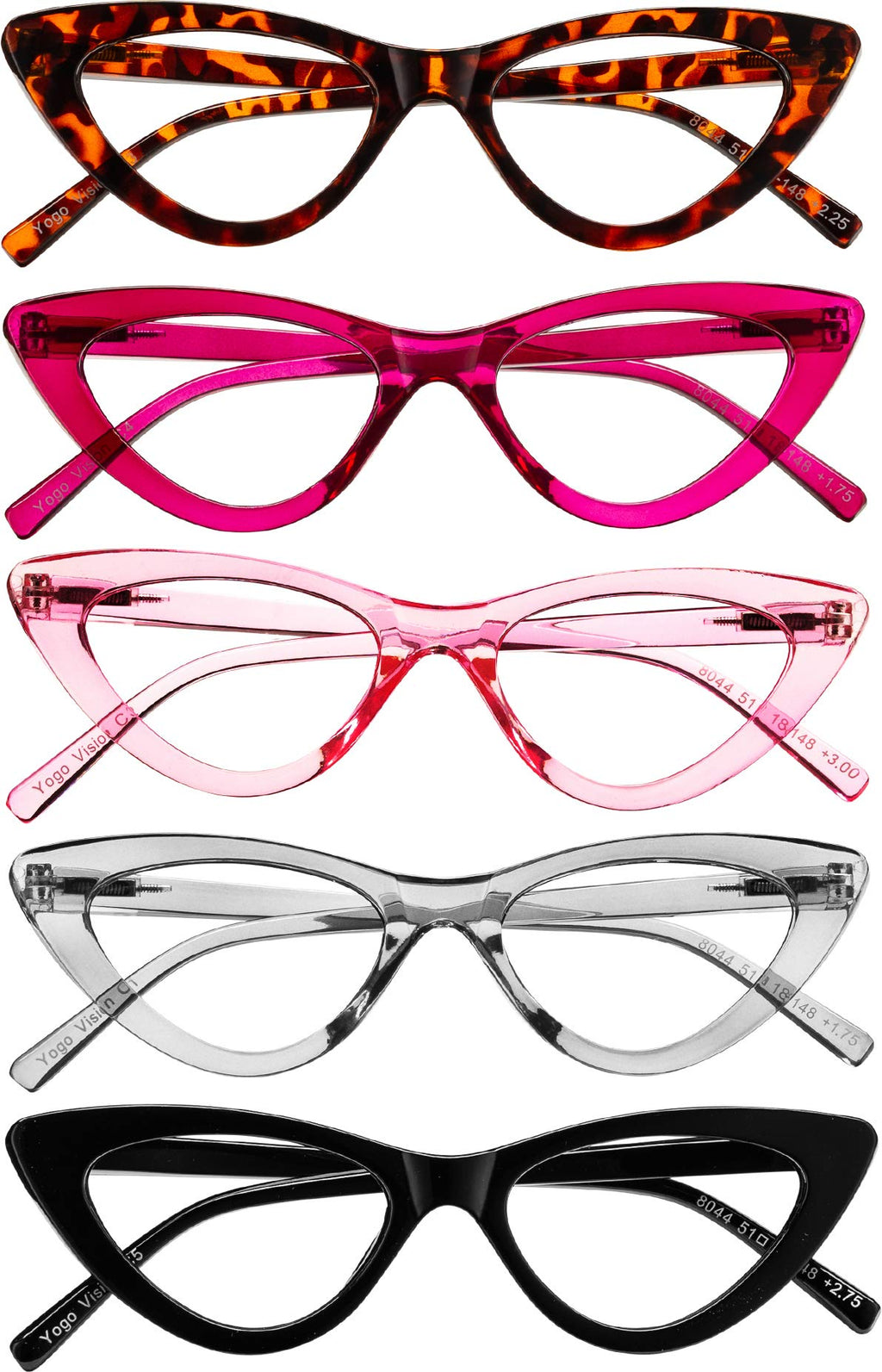 Yogo Vision Reading Glasses Readers for Women Cateye Eyeglasses and Light Spring Hinge Frame Set of 5: Black, Grey, Pink. Hot Pink, Brown Havana 1.75