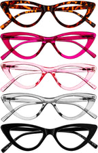 Yogo Vision Reading Glasses Readers for Women Cateye Eyeglasses and Light Spring Hinge Frame Set of 5: Black, Grey, Pink. Hot Pink, Brown Havana 1.75