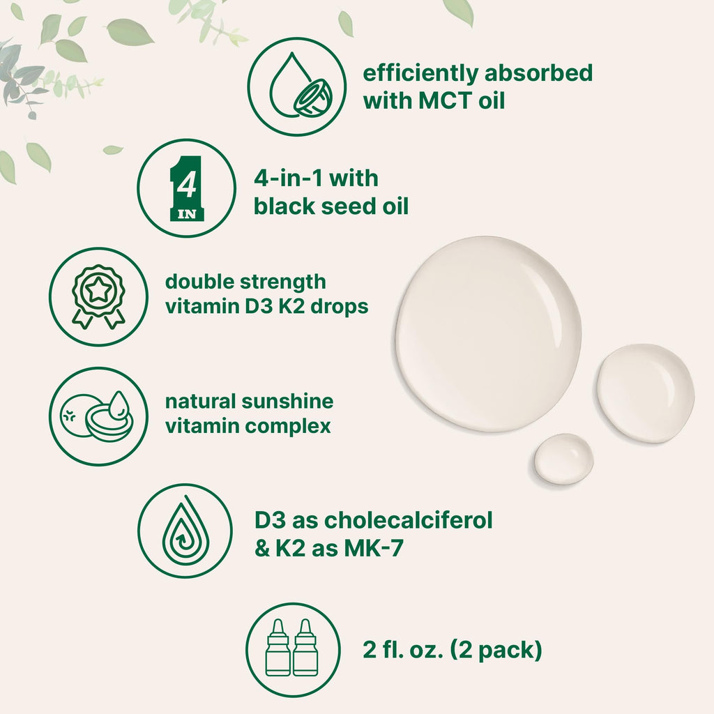 Micro Ingredients 2 Pack Vitamin D3 10000 iu + K2 (MK-7) 200 mcg Drops, 4 fl oz | Plus Black Seed & MCT Oil | 4-in-1 Bone, Immune, & Heart Health Support | Easy Absorption