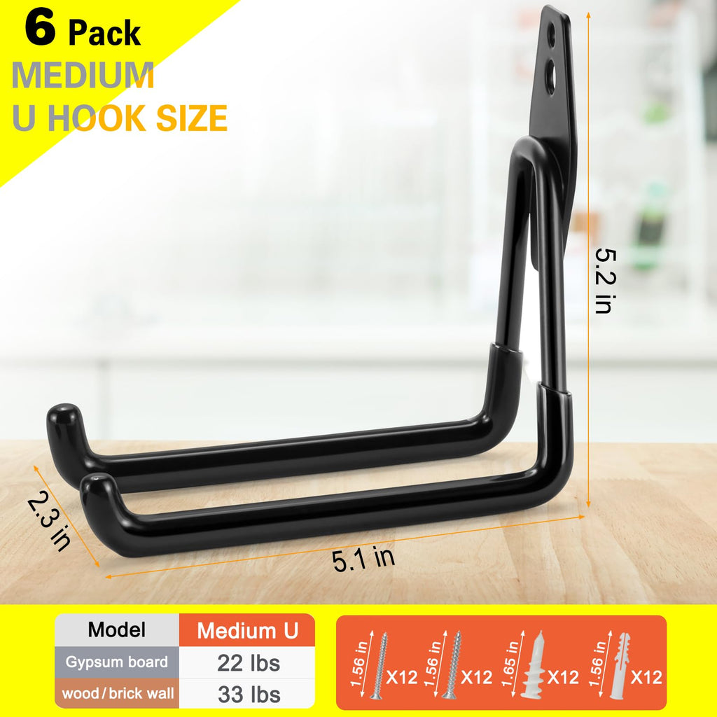 LUPYJI 6 Pack Garage Hooks Heavy Duty Storage Organizer Wall Mount Power and Garden Tool Hangers, for Hanging Ladders, Ropes, Hose, Bulk Items