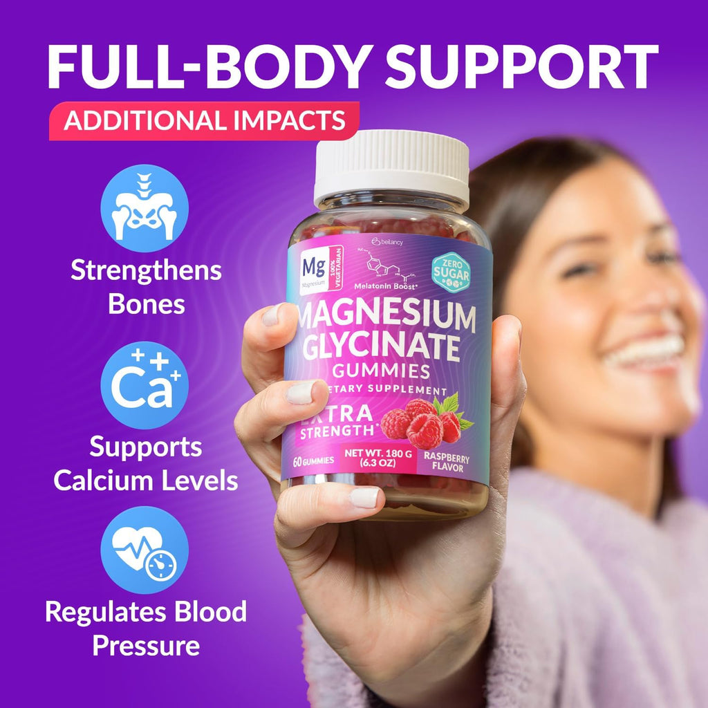 Magnesium Glycinate Gummies 400mg, Muscle Support and Relaxation, Magnesium Supplement for Women, Men and Kids, High Absorption, Sugar Free, Vegan, 60 Days Supply, Raspberry Flavor