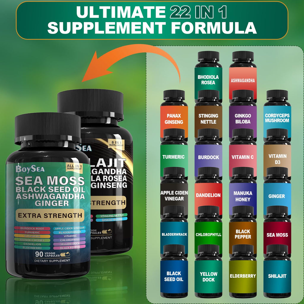 Boysea.Shilajit and Sea Moss Bundle- 90 Count - Sea Moss, Black Seed Oil, Ashwagandha, Ginger & Shilajit, Rhodiola Rosea, All in 1 Supplements (2 Pc)