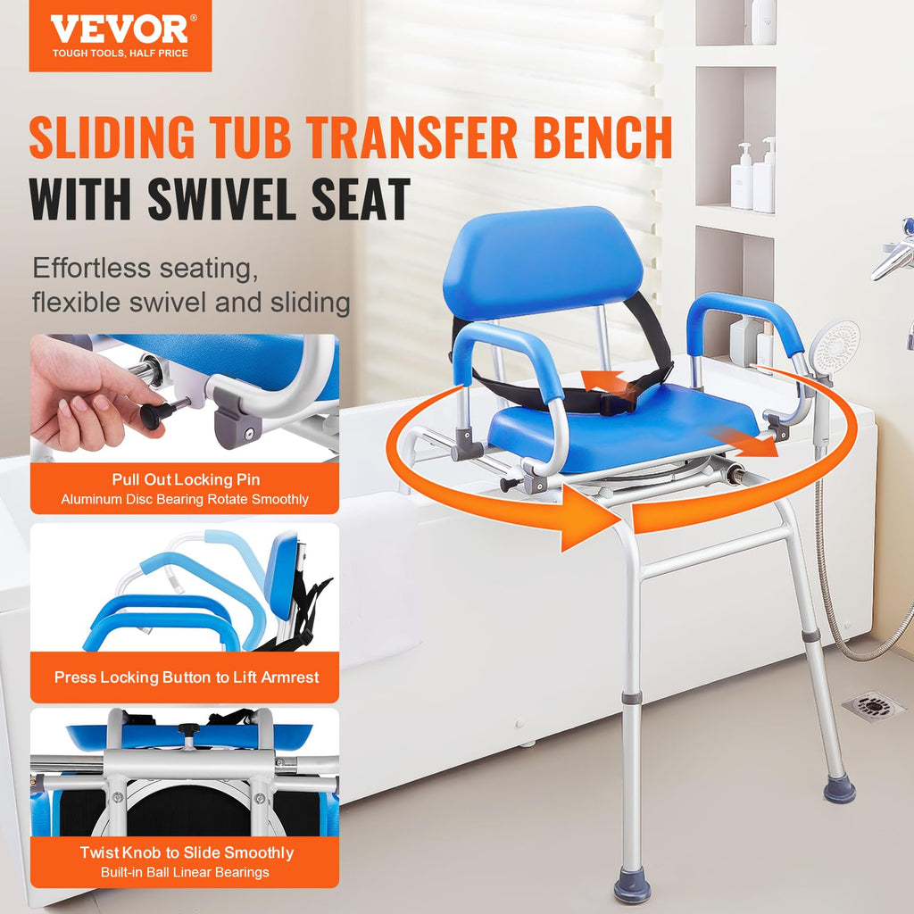 VEVOR Sliding Tub Transfer Bench with 360 Degree Swivel Seat, Sliding Shower Chair with Pivoting Armrest & Padded Seat and Safety Belt, Height Adjustable Bath Chair for Elderly Disabled, 330LBS