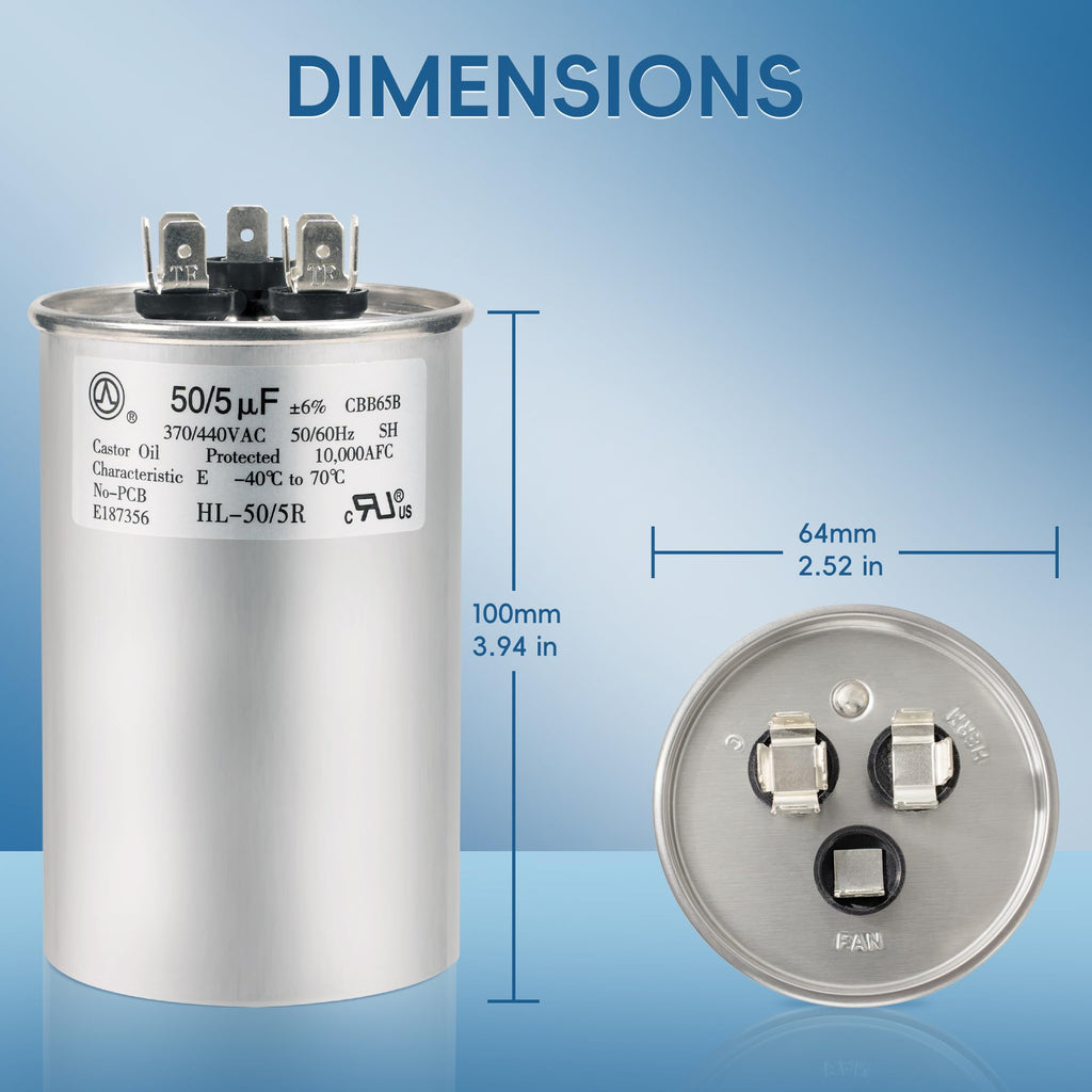 QYCKFIXR AC Capacitor 50+5 uF 50/5 MFD ±6% 370V/440VAC CBB65 Dual Run Circular Start Capacitor for Heat Pump Air Conditioner，Ten Years of Coverage