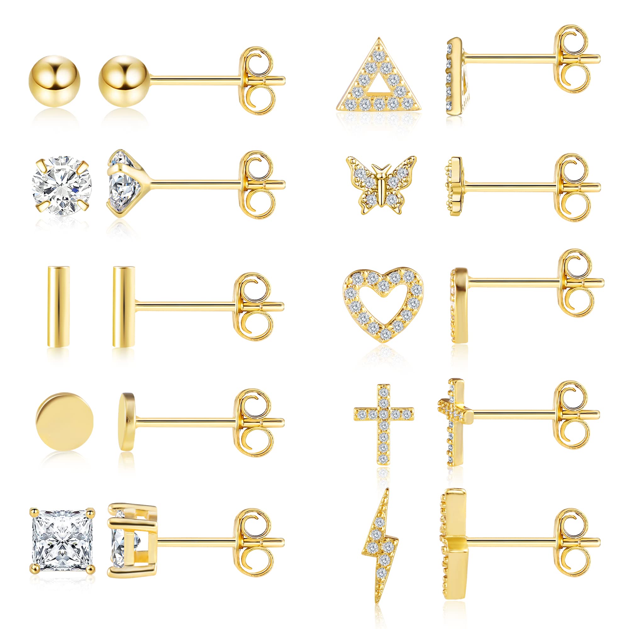 14K Gold Small Stud Earrings Set for Women Flat Back Earrings, 10 Pairs