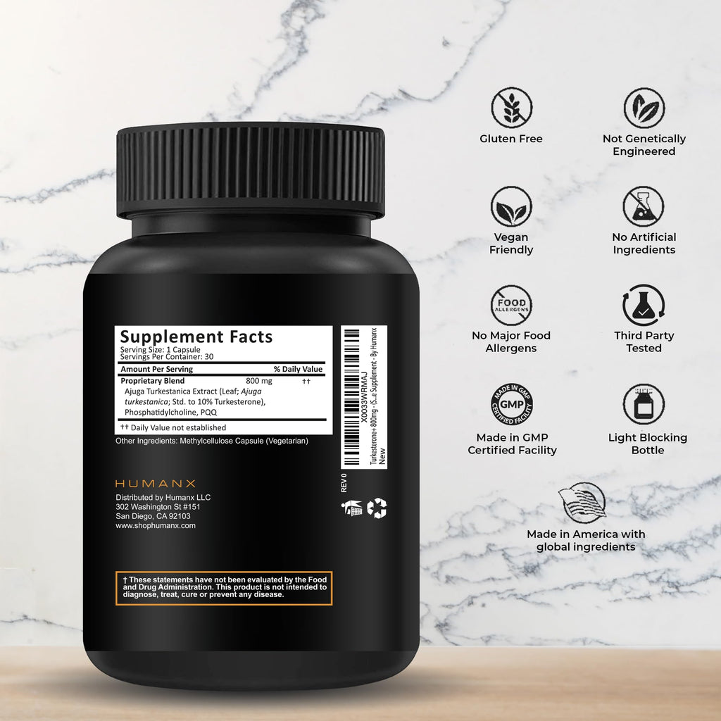 HUMANX Turkesterone+ 800mg - USA Third Party Tested (Similar to Ecdysterone) for Muscular Development & Dynamic Athletic Performance - Natural Anabolic - Non GMO, Vegan - Turkesterone Supplement