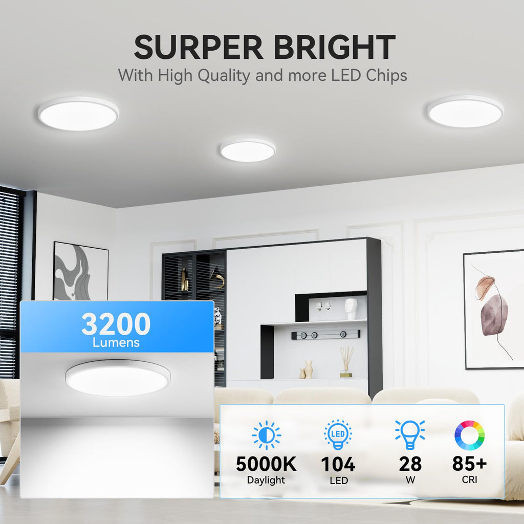WKONCLDY Two Pack 3200lm LED Flush Mount Ceiling Light, Super Slim 12 inch LED Ceiling Light, 5000K LED Ceiling Light for Bedroom, Living Room, Dining Room, Office, Garage, Warehouse…