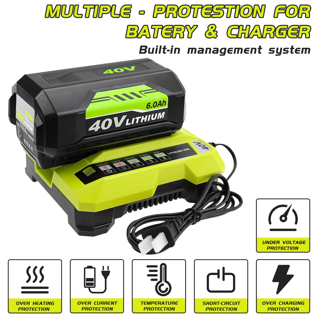 1 Pack 6000mAh High Capacity Replacement for Ryobi 40V Battery 6.0Ah Compatible with Ryobi 40 Volt Lithium Battery OP4026 OP40601 OP4050A OP4040 OP4030 OP4050 Compatible with 40V Cordless Tool(Green)