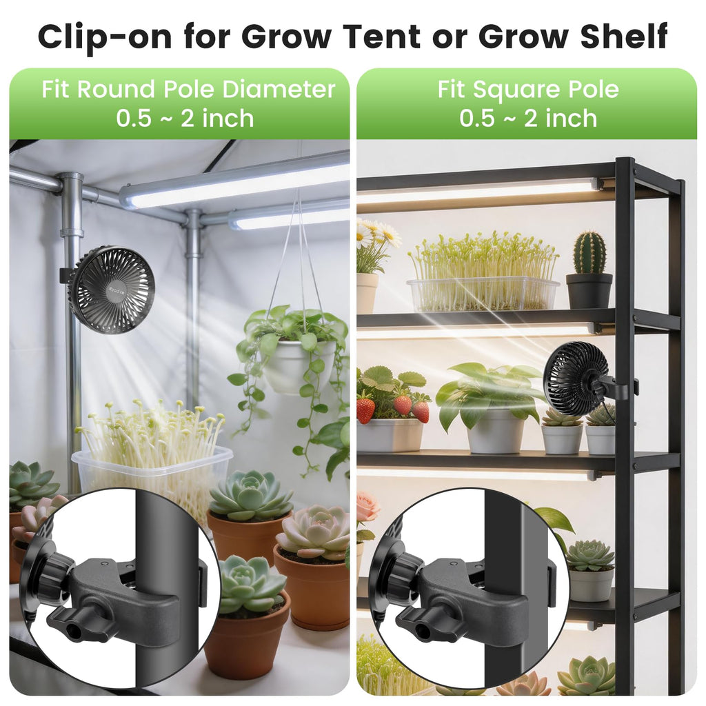 Roodike 5" Clip-on Fan 2 Units for Grow Tent Greenhouse Plant Shelf