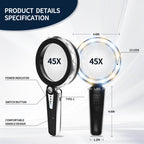 HUIBOER 45X Magnifying Glass with Light, 4.6 Inch 1200mAh USB Rechargeable Large Handheld Magnifier, 6 Color Modes, Perfect for Low Vision Seniors, Macular Degeneration & Fine Print (Black)
