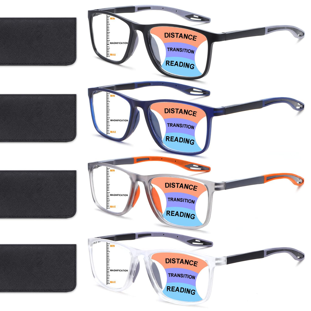 BLOEXCLU 4 Pack Progressive Multifocus Reading Glasses for Men Women TR90 Sports Style Anti-Blue Light Computer Readers (black & blue & grey & transparent, 3, x)