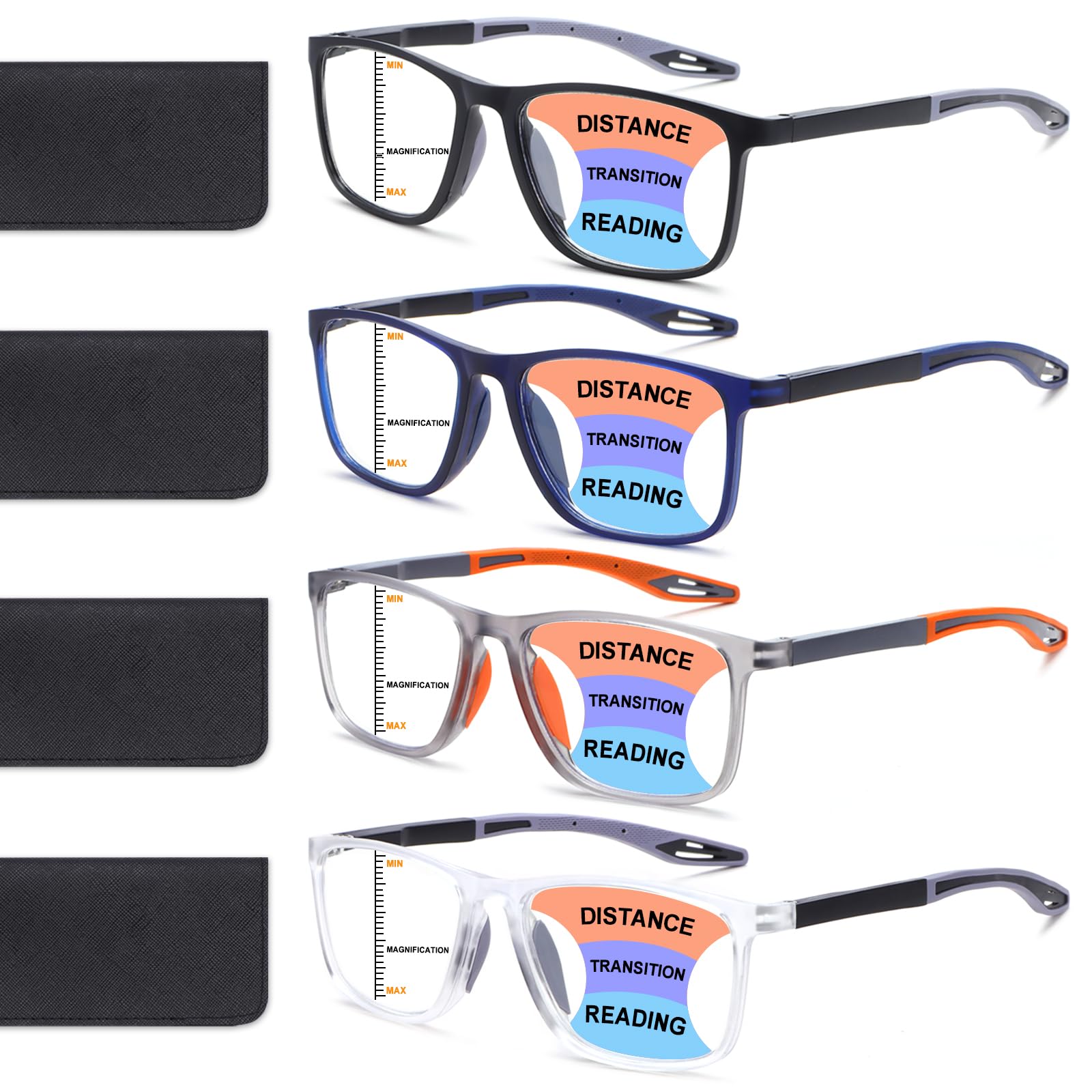 BLOEXCLU 4 Pack Progressive Multifocus Reading Glasses for Men Women TR90 Sports Style Anti-Blue Light Computer Readers (black & blue & grey & transparent, 3, x)
