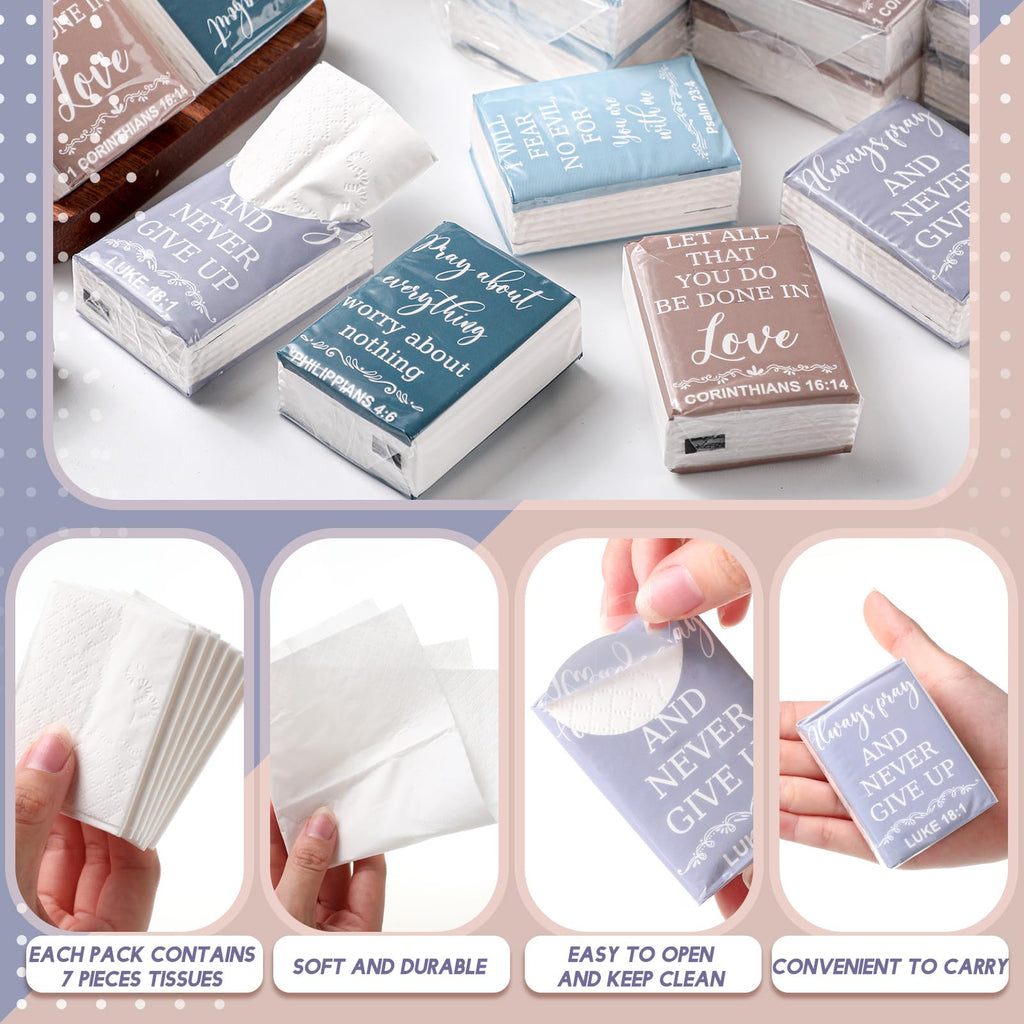 Seajan 120 Pack Christian Travel Tissues 3 Ply Bulk Bible Verse Pocket Tissues Travel Size Individual Christian Bulk Gift Pack for Wedding Party Homeless Gift(Plain Color)