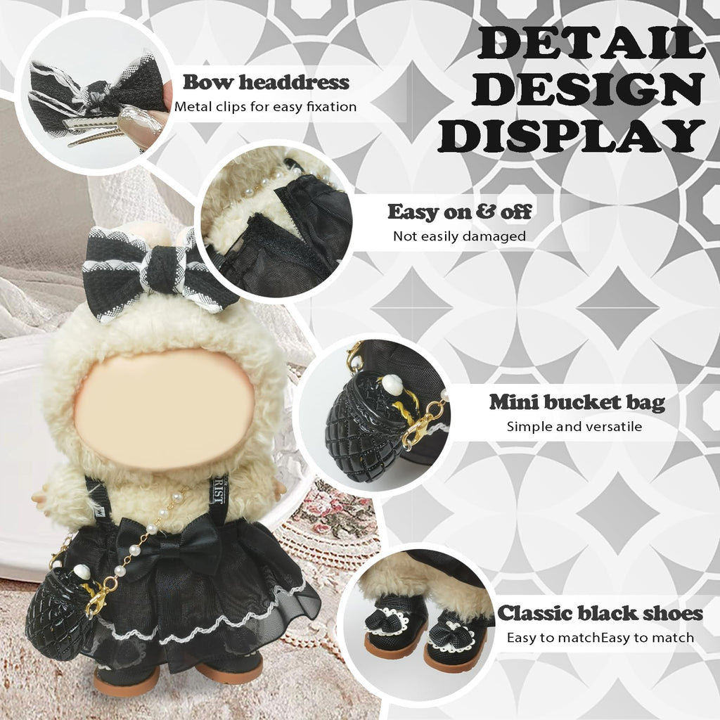 Clothes Compatible with LABUBU Doll – 4PCS Black Classic Dress Set, 17cm Doll Clothes Designer Outfit for Balletcore Elegance Theme, Chic Stylish Accessories for Labubu, No Doll (Black Swan Belle)