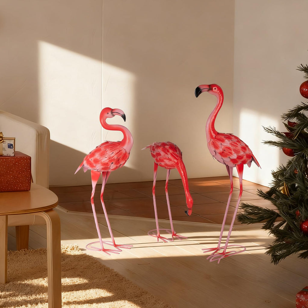 XONOR 3Pcs Flamingo Garden Statues Metal Flamingo Yard Art Outdoor Statues Sculptures for Home Patio Lawn Backyard Décor(Pink&Red)