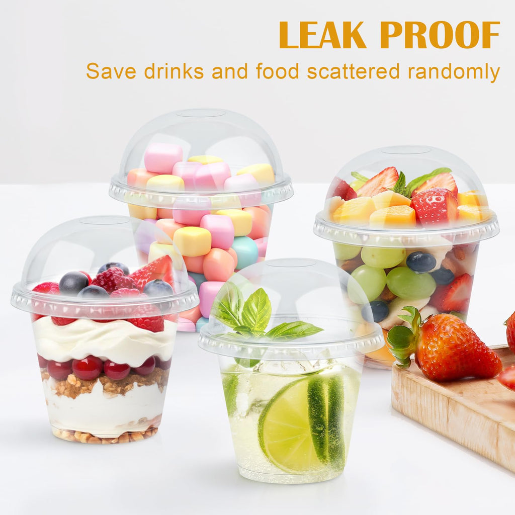 Lamosi 100 Pack 9 oz Clear Plastic Cups with Lids, Disposable Cups with Dome Lids No Hole, Ideal for Ice Cream, Cold Drinks, Fruit, Dessert, Yogurt Parfait