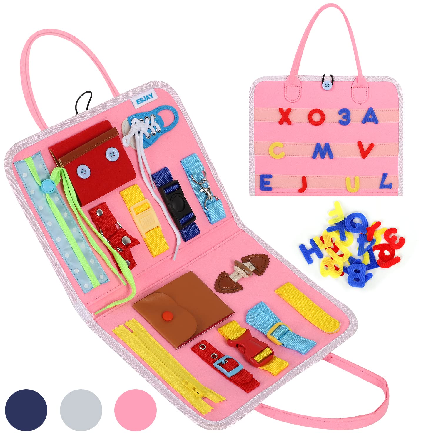 Esjay Busy Board for Toddlers, Montessori Toys to Learn Fine Motor Skill, Sensory Board, Toys Gifts Girls Boys 3+ Year Old, Toddler Learning Activities for Travel Airplane,Pink Alphabet