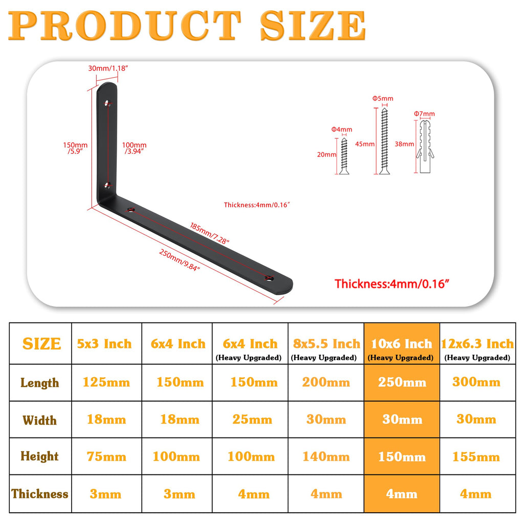 Alise Floating Shelf Brackets,Black Bracket for Shelves Heavy Duty L Wall Bracket Corner Brace,Stainless Steel Joint Angle Brackets for Wooden Board Hanging Support,10x6x1.2 Inch Upgraded(Pack of 4)
