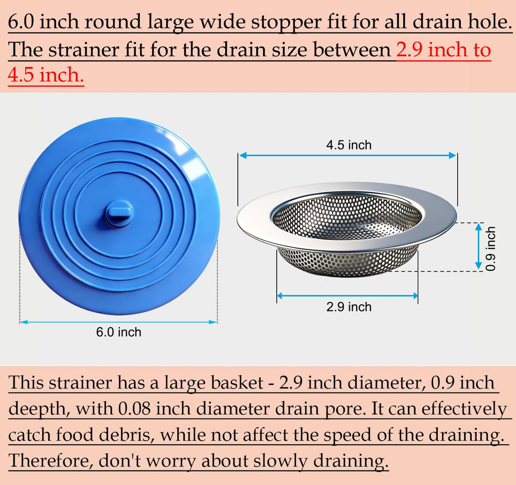 Seatery 4PCS Kitchen Sink Strainer Stopper Kit, Universal Silicone Sink Drain Plug Cover, Drain Water Stopper, 4.5 Inch Stainless Steel Sink Drain Strainer, Food Debris Catcher for Kitchen