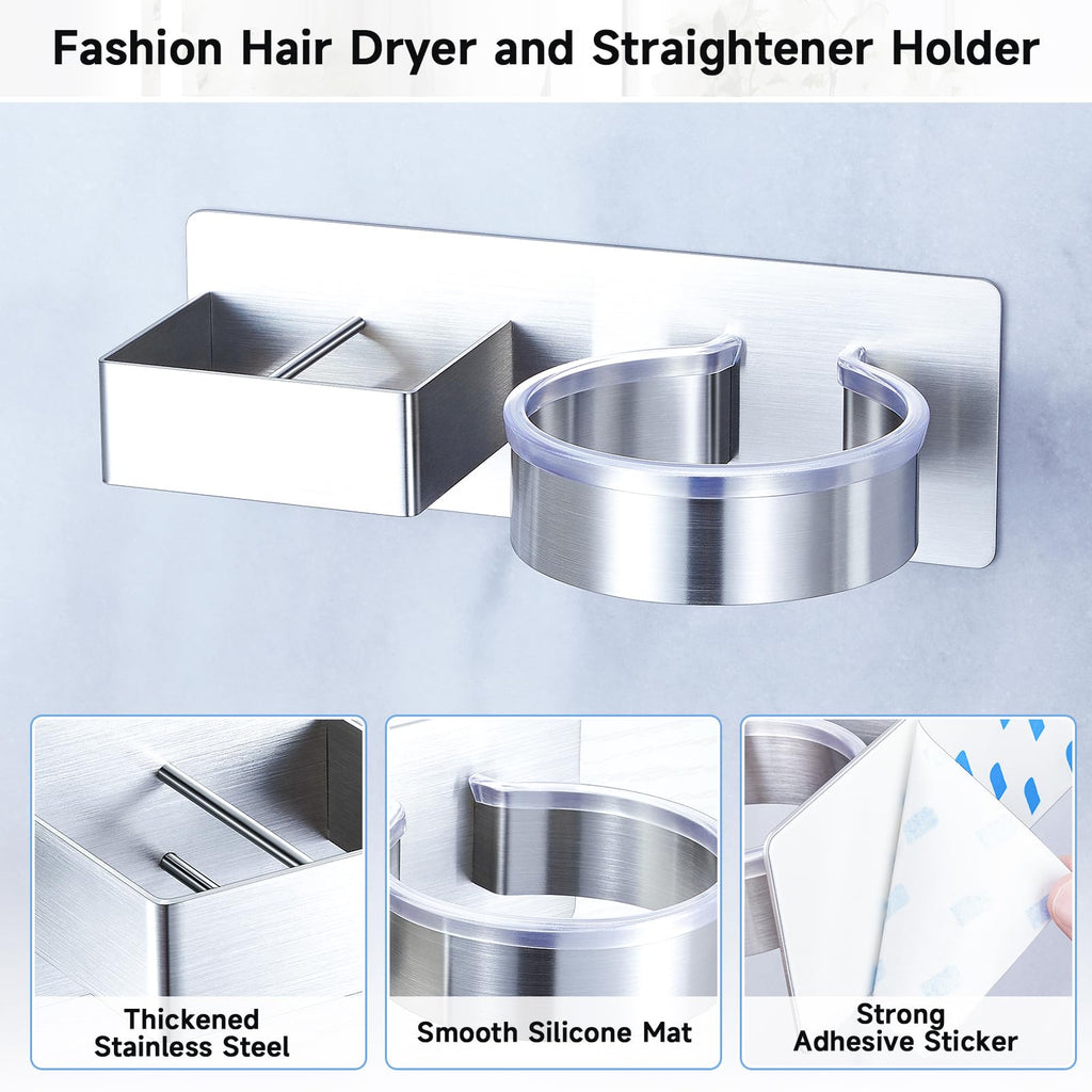 Hair Dryer Holder Wall Mounted, Hair Straightener Holder, Blow Dryer Holder Adhesive, Hair Tool Organizer for Flat Iron, Hairdryer, Curling Iron Holder for Bathroom Vanity Barber Shop (Silver)