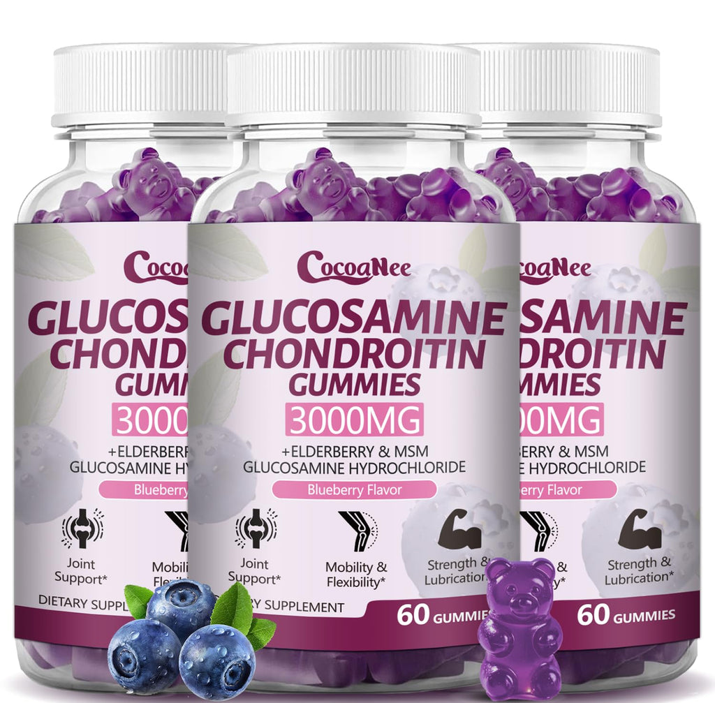 CocoaNee 3 Packs 3000MG Glucosamine Chondroitin Gummies, Extra Strength Joint Support Supplement with MSM & Elderberry, Flexibility, Antioxidant Immune Support Gummy for Adults, Men & Women 180Cts