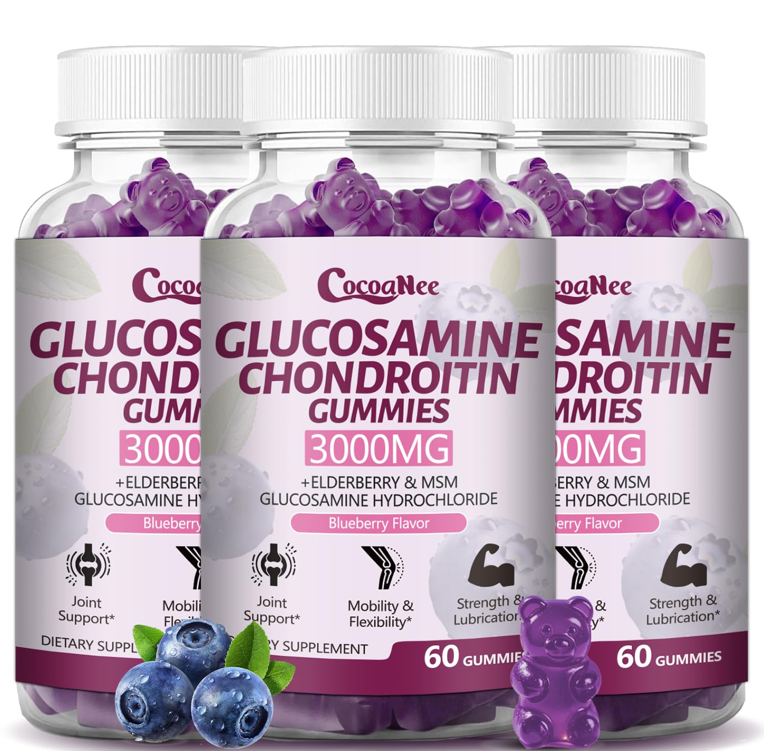 CocoaNee 3 Packs 3000MG Glucosamine Chondroitin Gummies, Extra Strength Joint Support Supplement with MSM & Elderberry, Flexibility, Antioxidant Immune Support Gummy for Adults, Men & Women 180Cts
