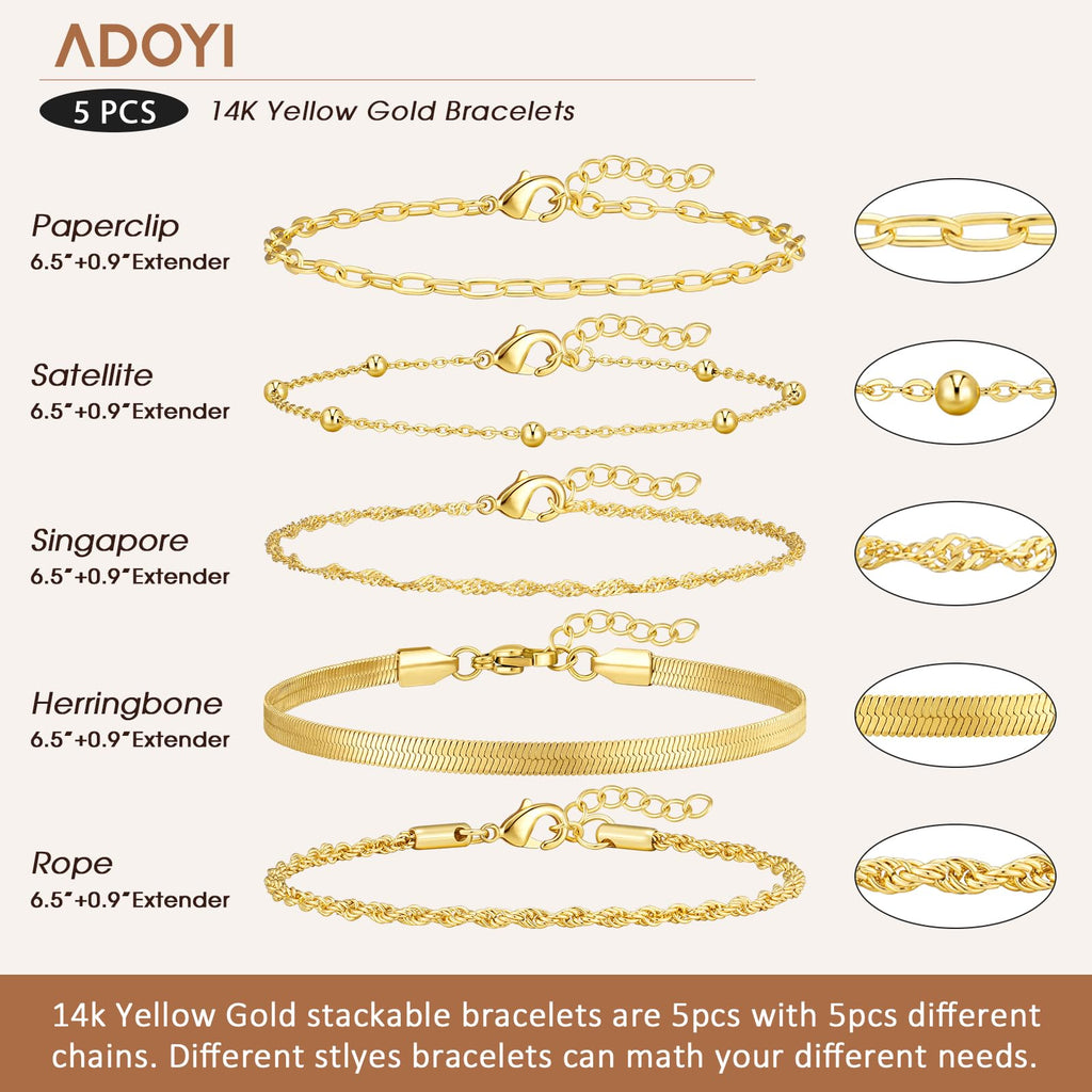 adoyi Gold Bracelets for Women, 14K Gold Plated Stackable Bracelet Stack Set Adjustable Charm Paperclip Chain Cuban Link Layered Waterproof Jewelry Sets Gifts for Womens 6.5 Inch