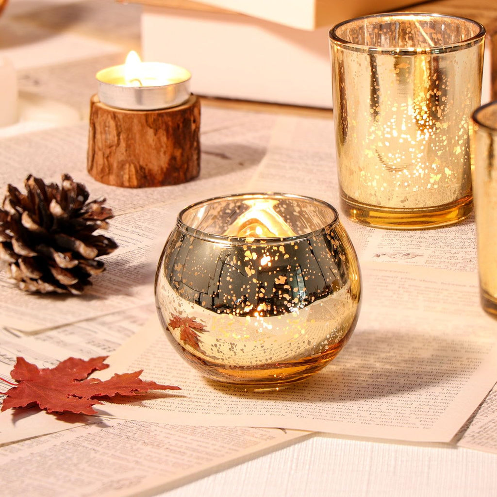 DEVI 48PCS Assorted Gold Votive Candle Holders Bluk, Gold Wedding Decorations, Mercury Glass Candle Holder for Tea Lights, Christmas Party Diwali Centerpieces for Table, Wedding Party Supplies