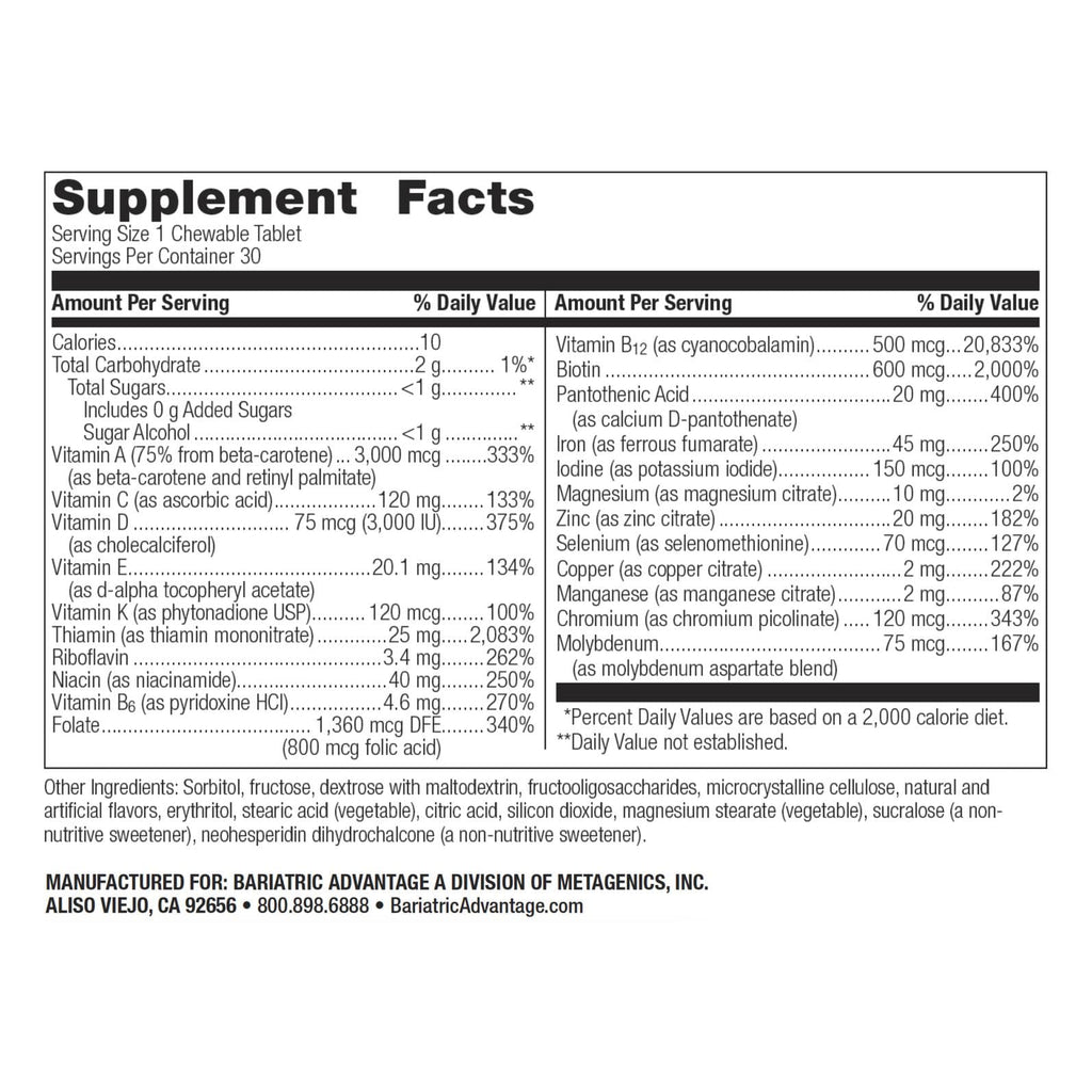 Bariatric Advantage Chewable Ultra Solo with Iron - Once-Per-Day Daily Multivitamin - for Bariatric Patients - with Thiamin, Vitamin A & More - Gluten Free - Citrus - 30 Tablets