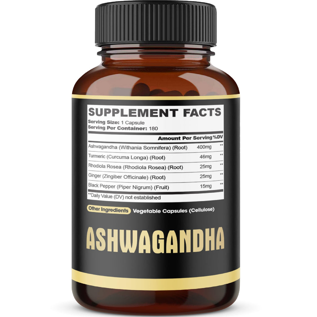 5in1 Premium Ashwagandha Capsules - Added Turmeric, Rhodiola Rosea, Ginger, Black Pepper - 180 Caps for 6 Months
